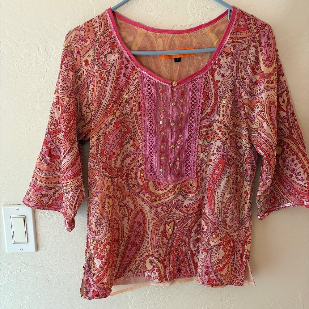 CYNTHIA - Cynthia Steffes Silk Embellish Blouse - Pink - Size 2.